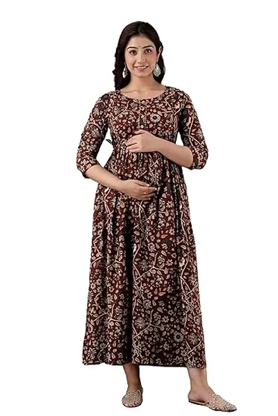 Stylish Maroon Cotton Printed Anarkali Maternity Kurti For Women