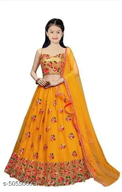 Heaven Fashion Girls' Taffeta Silk Semi-Stitched Lehenga Choli (8-9 Years, Yellow)