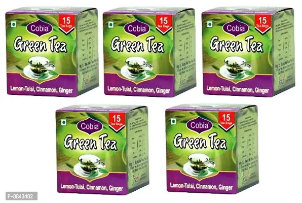Cobia Green Tea (Lemon-Tulsi, Cinnamon, ginger) 15 Tea Bags Pack of 5