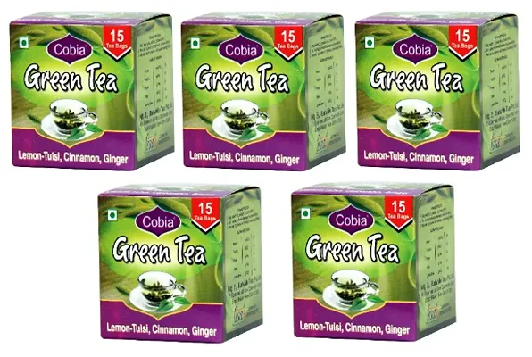 Cobia Green Tea (Lemon-Tulsi, Cinnamon, ginger) 15 Tea Bags Pack of 5