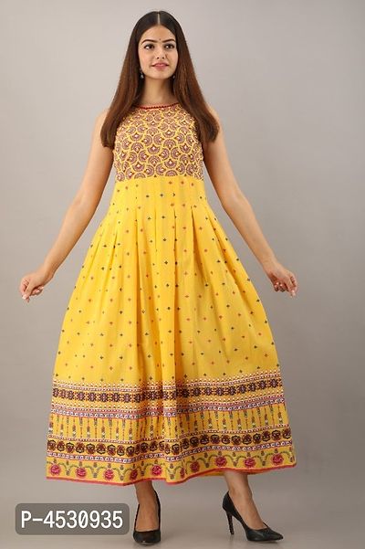 Latest Yellow Rayon Printed Long Dress-thumb0