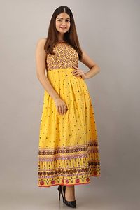 Latest Yellow Rayon Printed Long Dress-thumb1