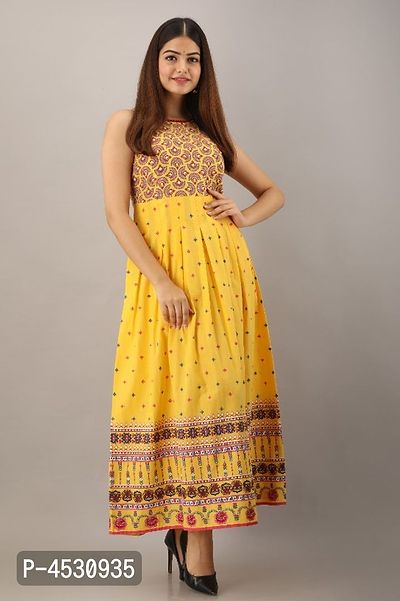 Latest Yellow Rayon Printed Long Dress-thumb2