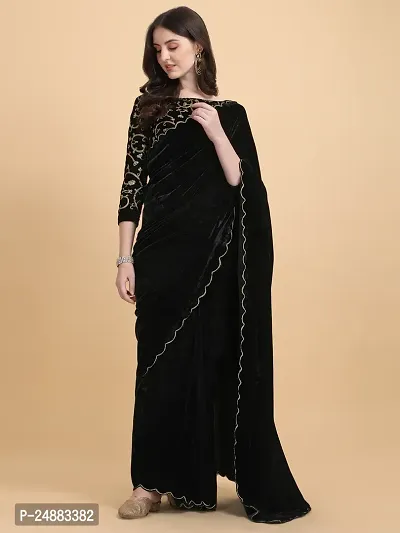 Stylish Velvet Black Embossed Saree with Blouse piece-thumb3