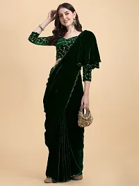 Stylish Velvet Dark Green Embossed Saree with Blouse piece-thumb2