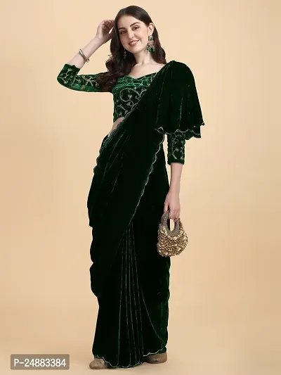 Stylish Velvet Dark Green Embossed Saree with Blouse piece-thumb3