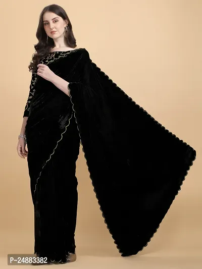 Stylish Velvet Black Embossed Saree with Blouse piece-thumb0