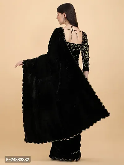 Stylish Velvet Black Embossed Saree with Blouse piece-thumb2