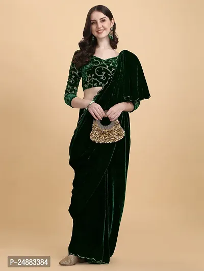 Stylish Velvet Dark Green Embossed Saree with Blouse piece
