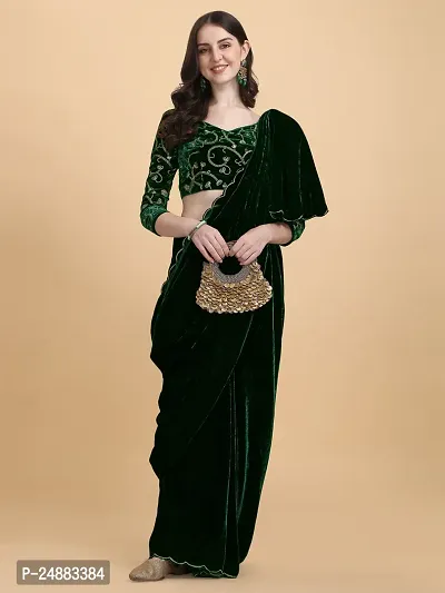 Stylish Velvet Dark Green Embossed Saree with Blouse piece-thumb0