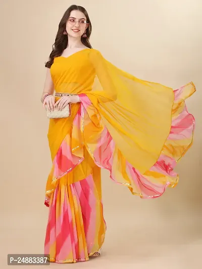 Stylish Georgette Yellow Digital Print Saree with Blouse piece