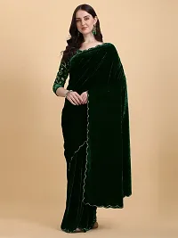 Stylish Velvet Dark Green Embossed Saree with Blouse piece-thumb4