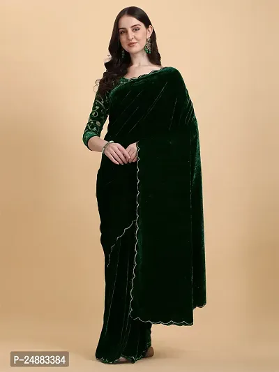 Stylish Velvet Dark Green Embossed Saree with Blouse piece-thumb5