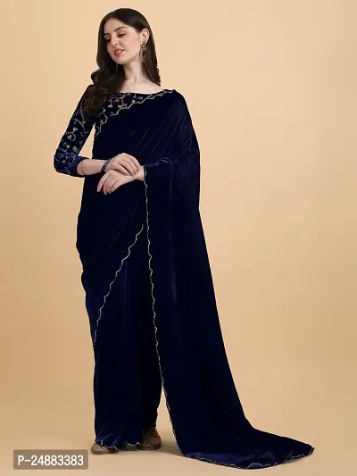 Stylish Velvet Navy Blue Embossed Saree with Blouse piece