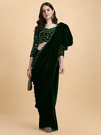 Stylish Velvet Dark Green Embossed Saree with Blouse piece-thumb3