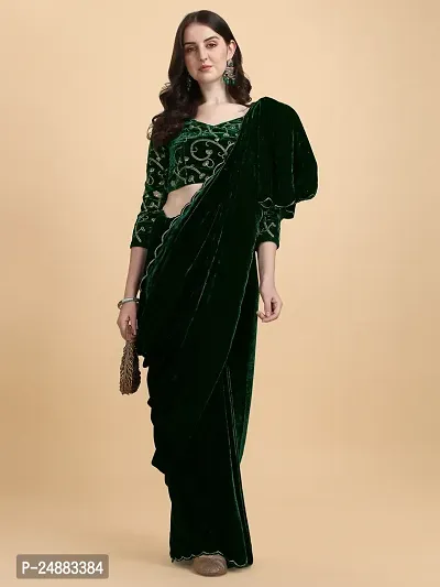 Stylish Velvet Dark Green Embossed Saree with Blouse piece-thumb4