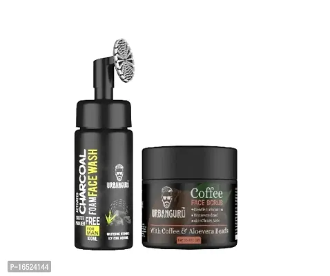 URBANGURU Mans Foaming Activated Charcoal Face Wash  - 100ml  Coffee And Aloevera Beads Face Scrub 100gm Sulphate  Paraben Free