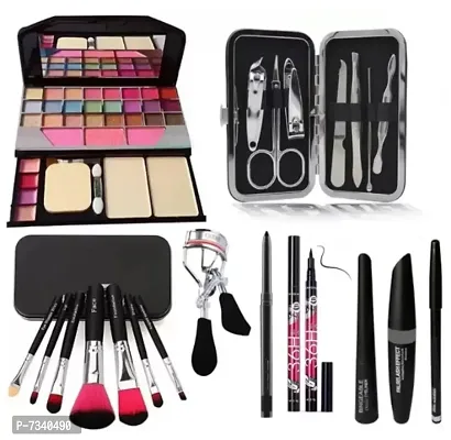 Premium BLACK Smudge Proof Kajal,3in1 Combo set,36h Eyeliner,Curler,Set of 7 BLACK/PINK Makeup Brushes,All in   7in1 Manicure Set