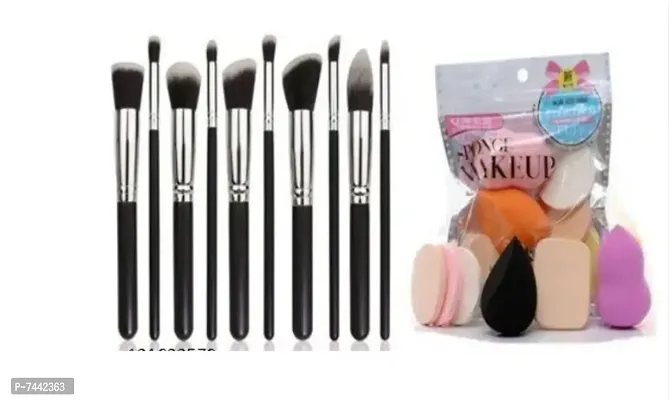 Premium Quality Black 10 Piece Wooden Kabuki Brush  6 in 1 Family Pack Sponge Puff