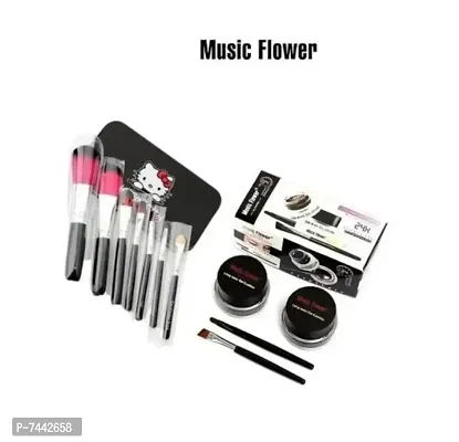 Premium Quality Music Flower Gel Eyeliner Black  Brown And Hello Kitty Make UP Brush Pack Of 7 Black