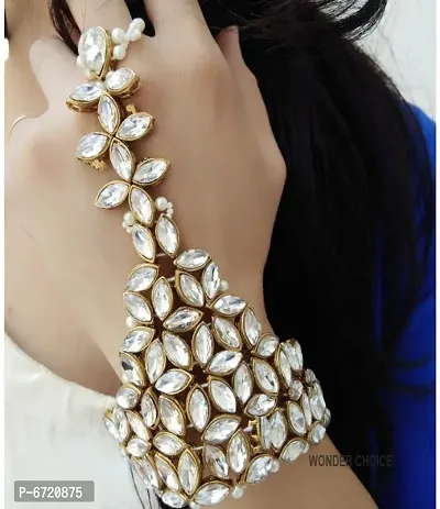 Stylish Girls Kundan Moti Ring Hathphool Bracelet -( Pack of 1 Piece)