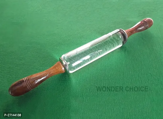 Transparent Acrylic Belan Wooden Handle Rolling Pin for Chakla Chapati/Roti Maker Kitchen -(Length: 12 inch)