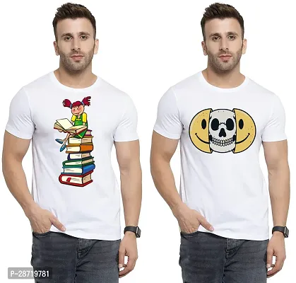 Reliable White Cotton Printed Round Neck Tees For Men Pack Of 2-thumb0