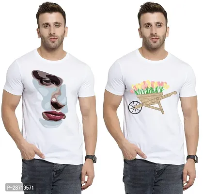 Reliable White Cotton Printed Round Neck Tees For Men Pack Of 2