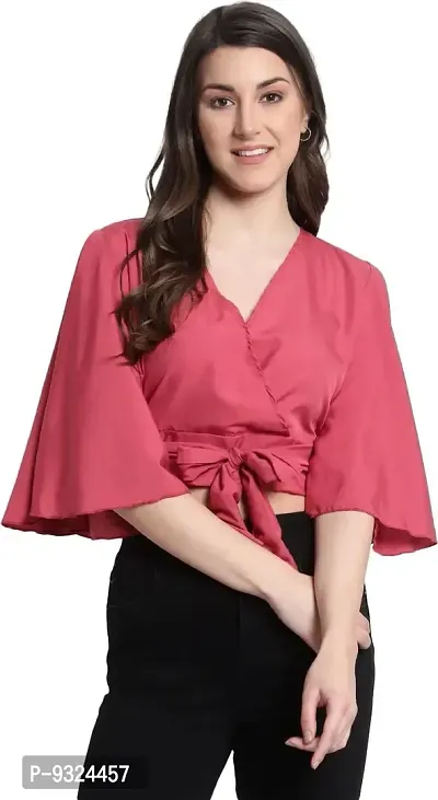 MAYA COLLECTIONS Women's Flared Sleeves Wrap Style Solid Tops-thumb1