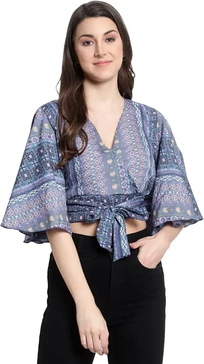 MAYA COLLECTIONS Women's Flared Sleeves Wrap Style Printed Tops