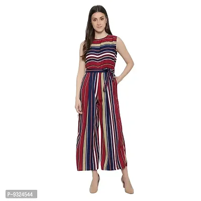 Women's Flared Bottom Maroon, Navy, Beige Striped Jumpsuit For Casual Wear