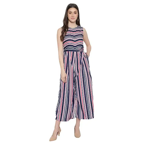 Maya Collections Women's Flared Bottom Maroon, Navy, Beige Striped Jumpsuit For Casual Wear