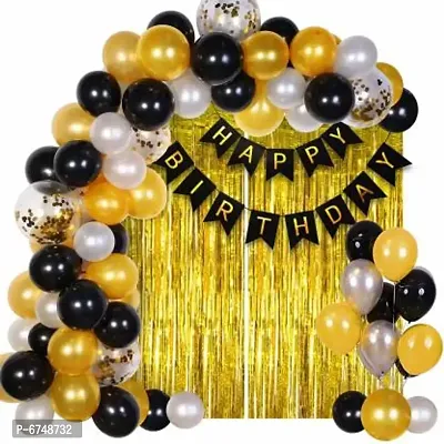 Fancy Solid Happy Birthday Decoration Kit Combo - 42Pcs Metallic Confetti With Birthday Bunting Golden Foil Curtain Happy Birthday Decorations Items Set Balloon Bouquet (Black, Pack Of 42)-thumb0