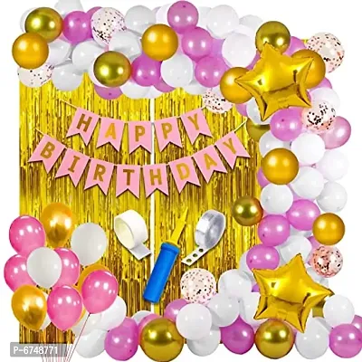 Happy Birthday Decoration Kit For Girls 63Pcs Combo Set Banner Golden Foil Curtain Balloon Metallic Confetti Girls Birthday Decoration Items  Kids Birthday Decoration Items-thumb0