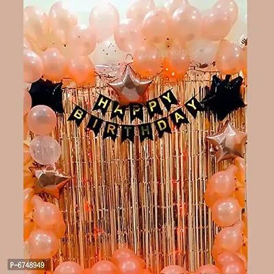 Happy Birthday Decoration Set For Girl - Pack Of 64 Pcs - Rosegold Color - Happy Birthday Banner, Star Shape, Frill Curtain, Metallic  Confetti Balloon-thumb0