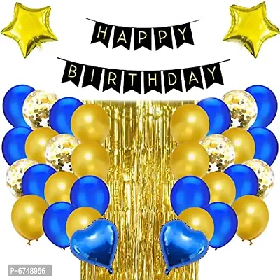 Golden  Blue Happy Birthday Banner Balloon Decorations - Pack Of 44 Pcs