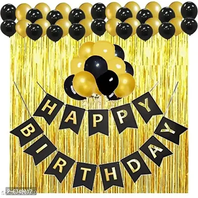 Happy Birthday Banner- Black  2 Pcs Golden Fringe Curtains  30 Pcs Black, Gold Metallic Balloons Combo