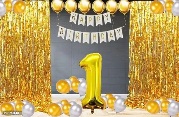 Happy Birthday Banner- White  2 Pcs Gold Fringe Curtains  1 No. Gold Foil  30 Pcs Golden, Silver Metallic Balloons Combo