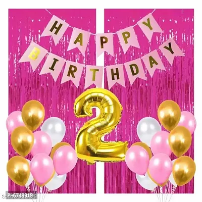 Happy Birthday Banner- Pink  2 Pcs Pink Fringe Curtains  2 No. Gold Foil  30 Pcs Pink, White, Gold Metallic Balloons Combo