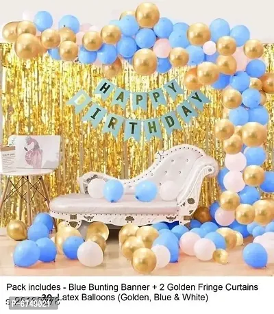 Happy Birthday Banner- Blue  2Pcs Gold Fringe Curtains  30Pcs Blue, Gold, White Metallic Balloons Combo-thumb0