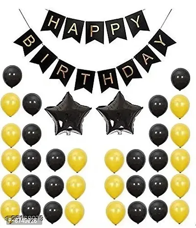 Happy Birthday Banner- Black  2Pcs Black Star(10Inch)  30Pcs Gold, Black Metallic Balloons Combo