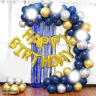 Happy Birthday Foil Letters 13 Pcs- Golden  2Pcs Blue Fringe Curtains  30Pcs Blue, Gold, Silver Metallic Balloons Combo