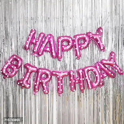 Happy Birthday Dotted Pink Foil Letters-13 Pcs  2 Pcs Silver Fringe Curtains