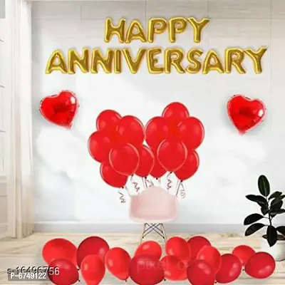 Happy Anniversary (16 Gold Foil Letters)  2 Red Heart Foil Balloons (10Inch)  30 Metallic Balloons (Red)