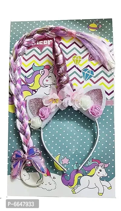 LIWAZO  Metallic Unicorn Headband with Color Hair/Unicorn Hairband with Rainbow Hairs/Unicorn Party Prop/Metallic Unicorn Hairband with Braid Multicolor (Pink)-thumb0