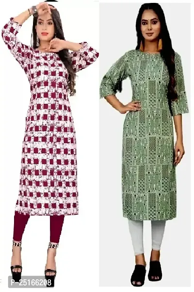 Stylish Crepe Multicoloured Printed Kurta For Women Combo Of 2 Pack-thumb0