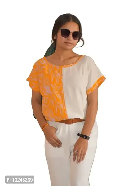 LATHAR's Stylish Printed Cotton Orange and White t-Shirt for Girls (Medium)