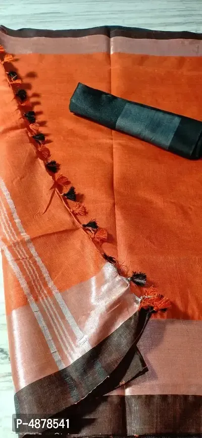 Stylish Orange Woven Design Linen Saree With Blouse Piece-thumb0