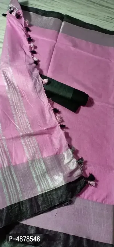 Stylish Pink Woven Design Linen Saree With Blouse Piece