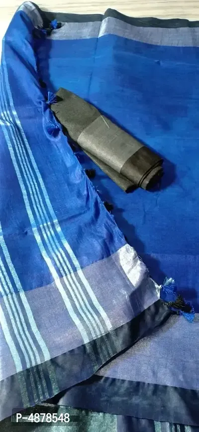 Stylish Blue Woven Design Linen Saree With Blouse Piece